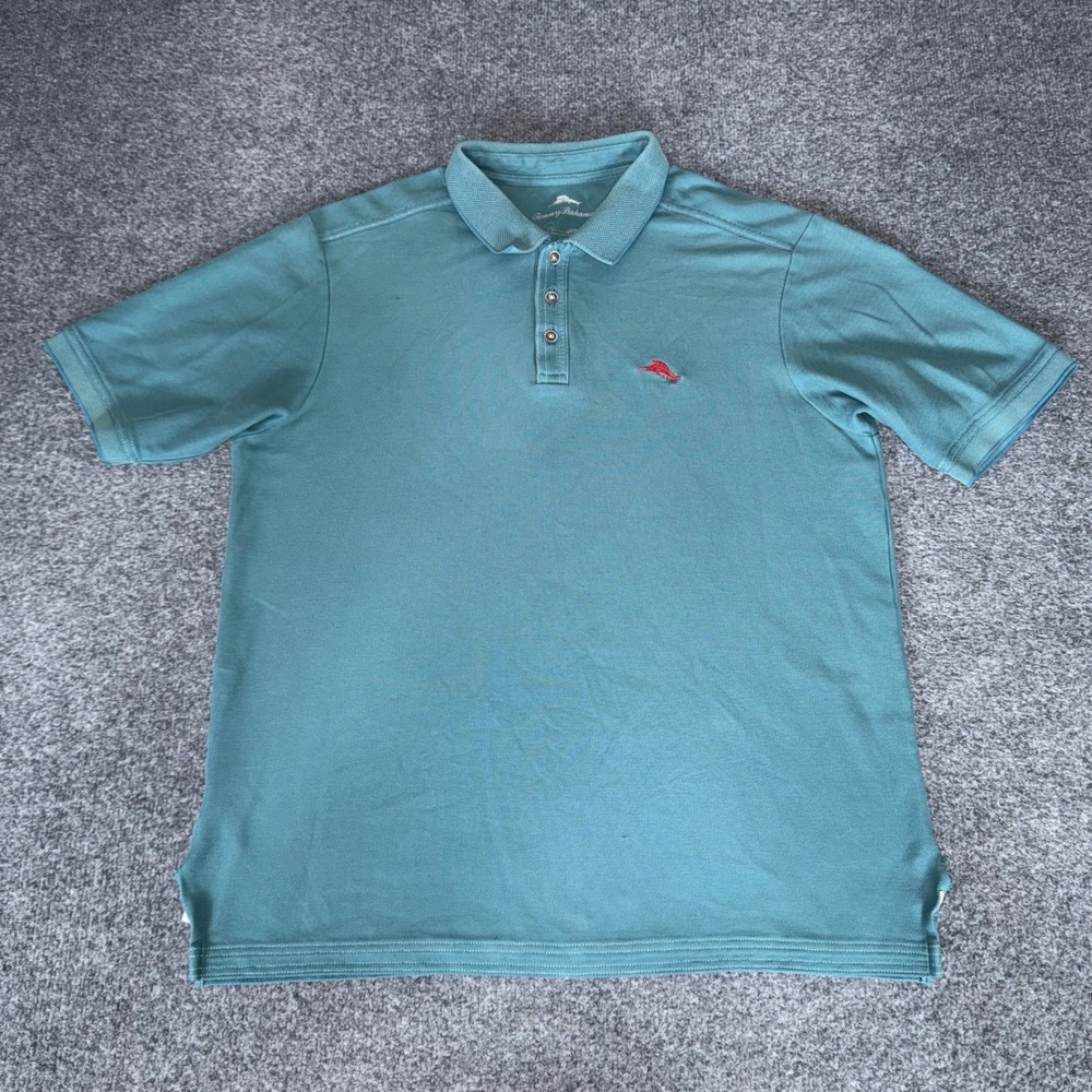 Tommy Bahama Mens L Teal Blue Supima Cotton Polo Shirt Short Sleeve Golf Resort